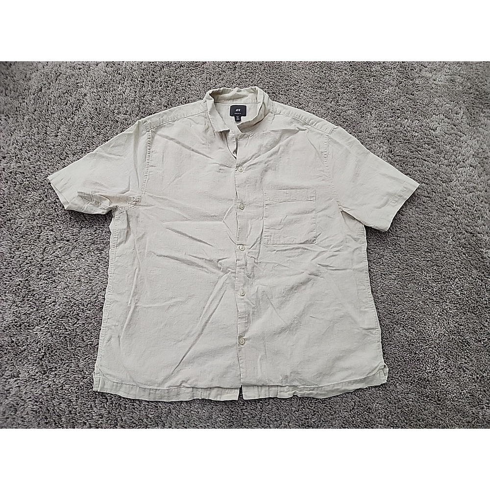 H&M Button Up Shirt Mens L Beige Linen Cotton Band Collar Regular Short Sleeve